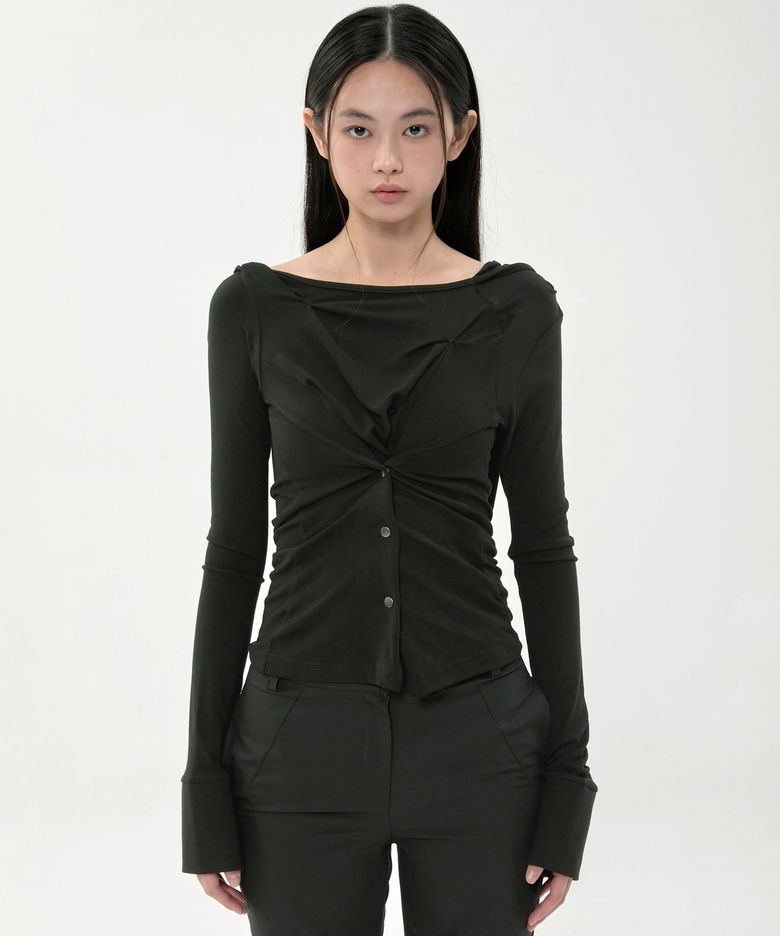 Asymmetrical Snap Long Sleeve Hoodie (FL-183_Black)