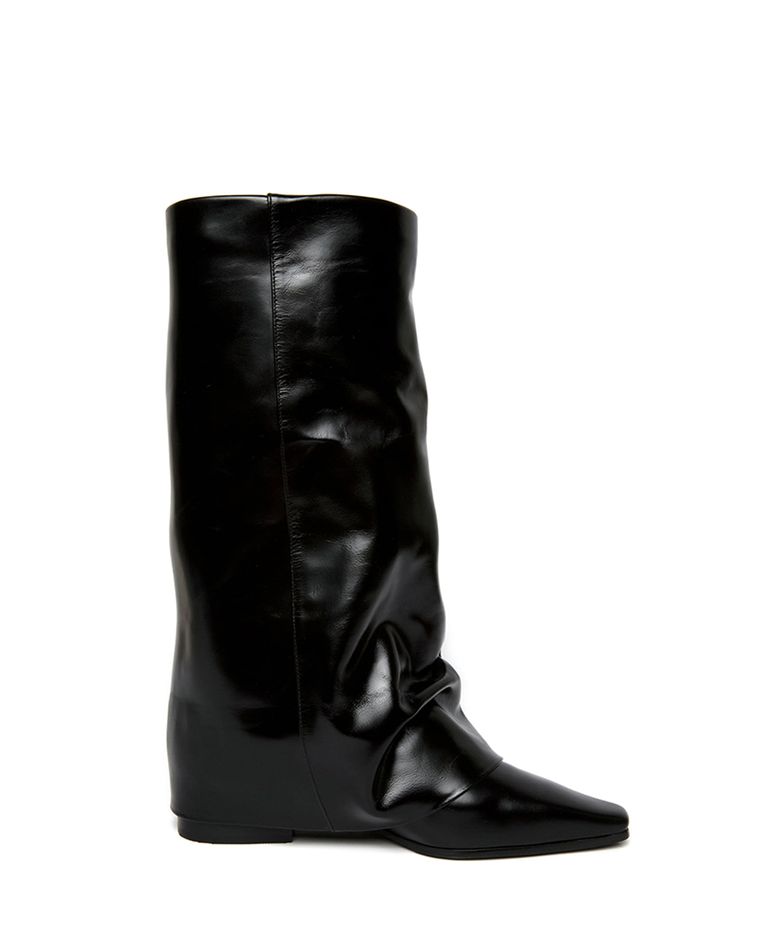 POINTED WRINKLE LEATHER LONG BOOTS BLACK