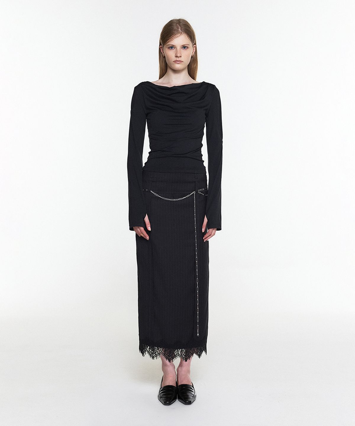 쓰리투에이티(THREE TO EIGHTY) IN-OUT LACE MAXI SKIRT STRIPE BLACK