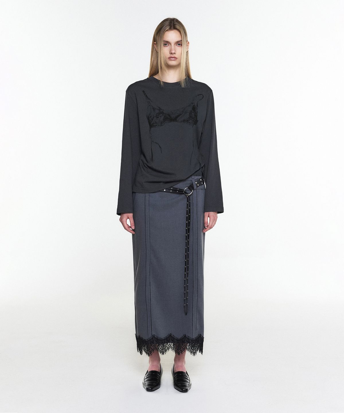 쓰리투에이티(THREE TO EIGHTY) IN-OUT LACE MAXI SKIRT GREY