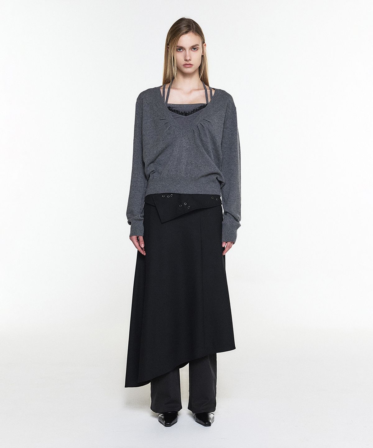 쓰리투에이티(THREE TO EIGHTY) ASYMMETRIC BELTED SKIRT BLACK