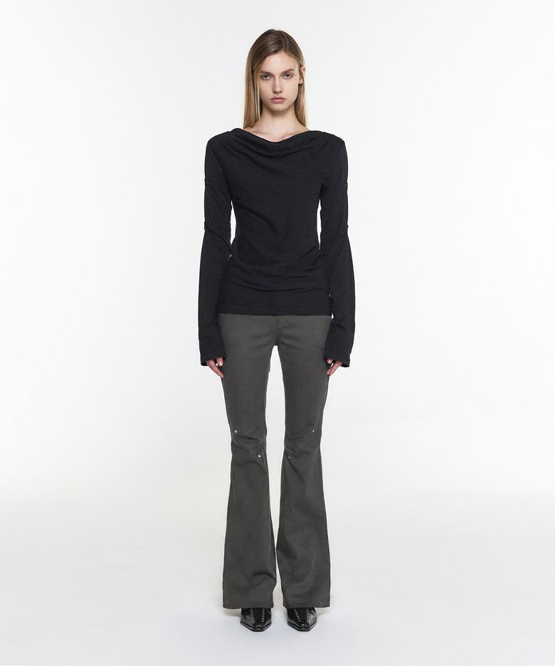 STUDDED PANEL LINE BOOTCUT PANTS ASH KHAKI