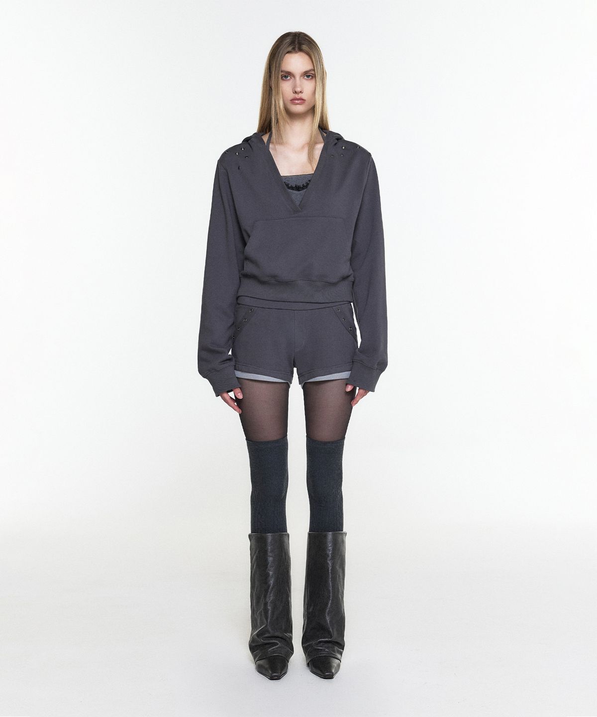 쓰리투에이티(THREE TO EIGHTY) EYELET MICRO SHORTS CHARCOAL