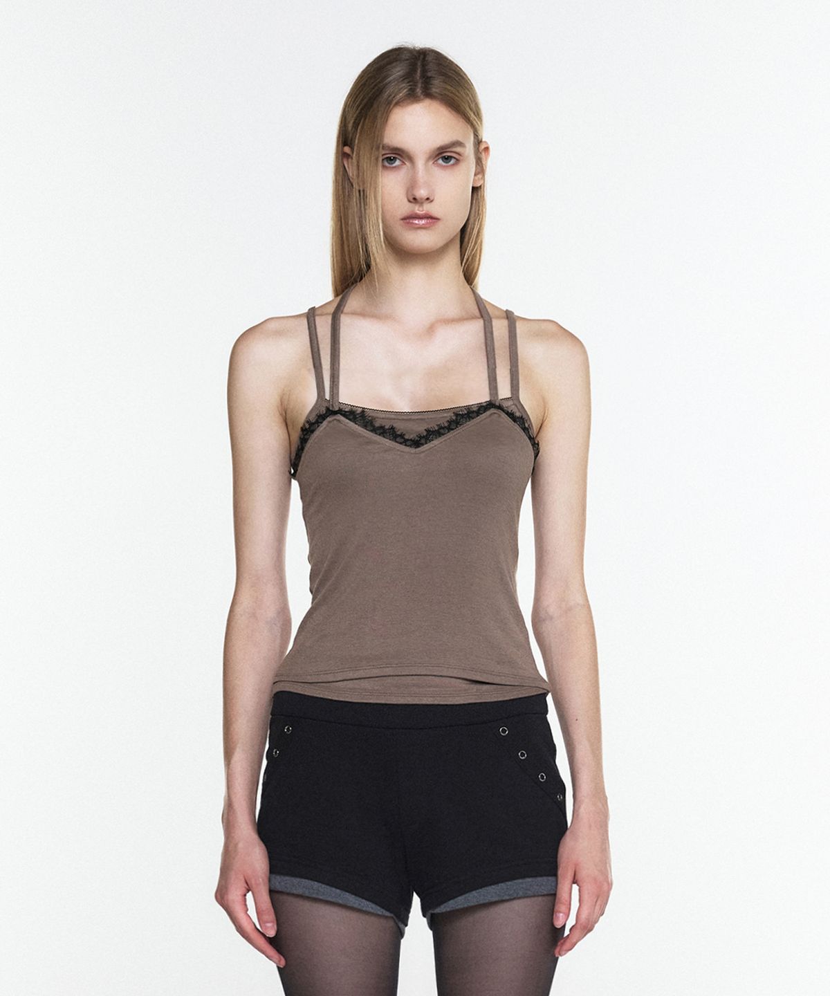 쓰리투에이티(THREE TO EIGHTY) LACE LAYERED HALTER NECK SLEEVELESS MOCHA