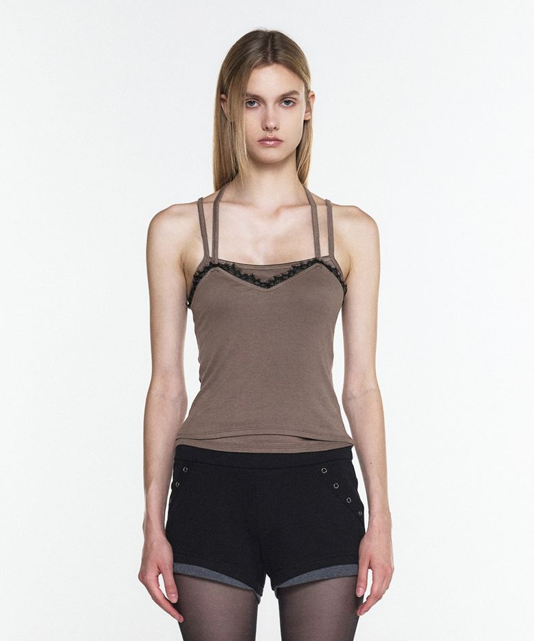 LACE LAYERED HALTER NECK SLEEVELESS MOCHA
