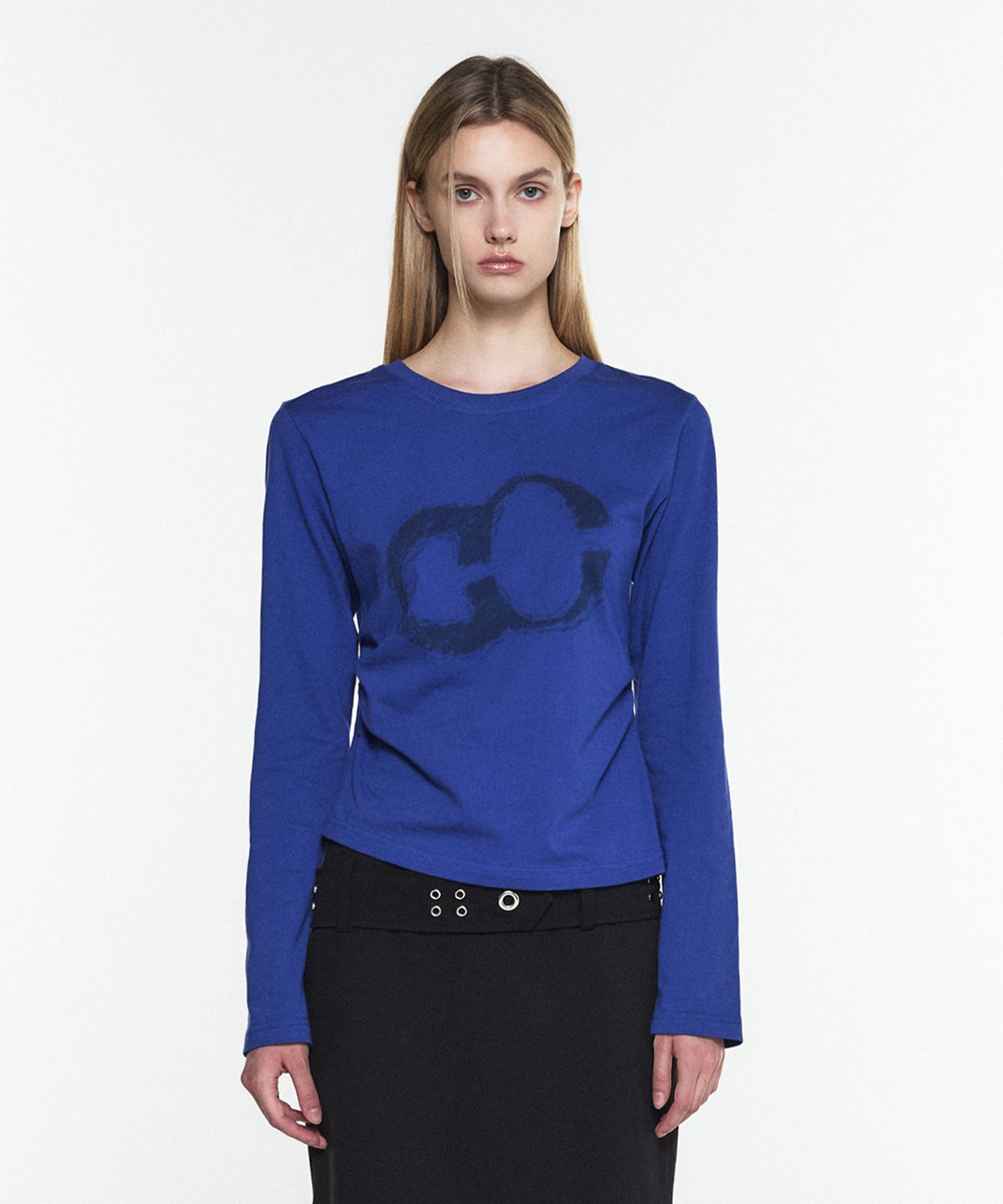 쓰리투에이티(THREE TO EIGHTY) LOGO SHIRRING TEE BLUE