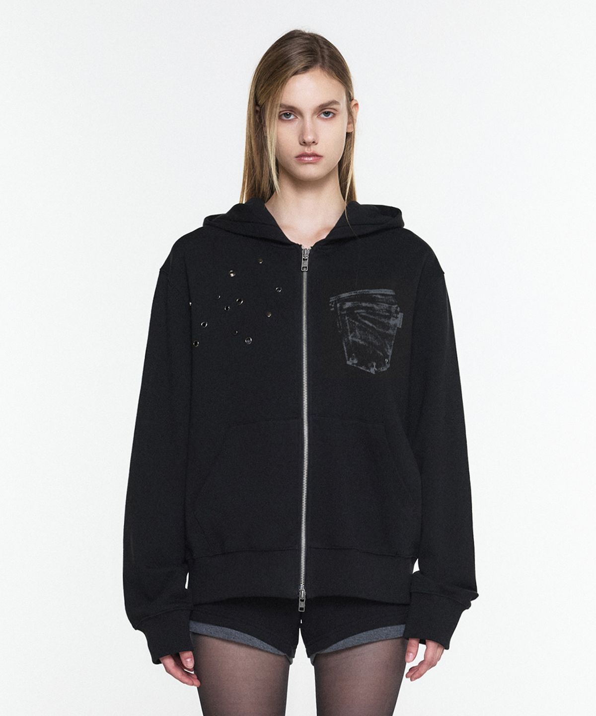 쓰리투에이티(THREE TO EIGHTY) EYELET POCKET HOODIE ZIP-UP BLACK