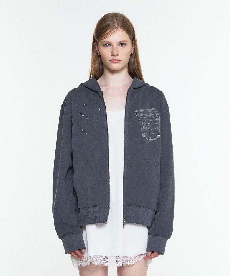 EYELET POCKET HOODIE ZIP-UP CHARCOAL