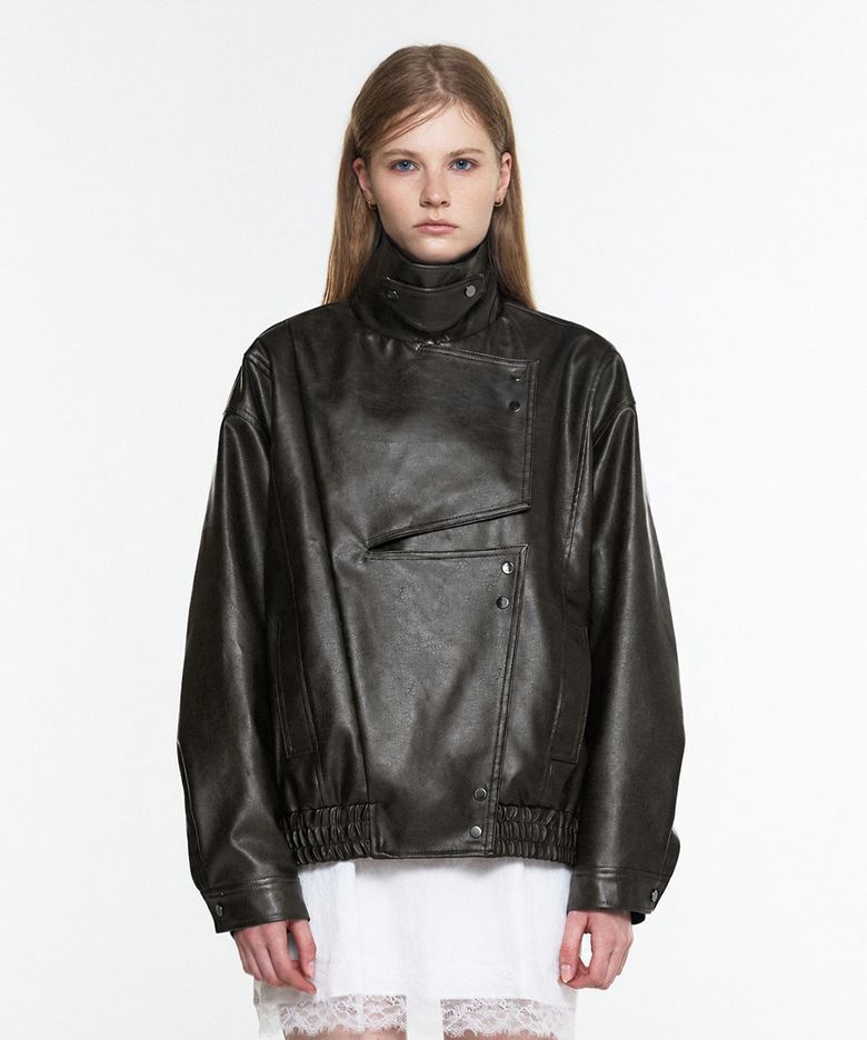 HIGH NECK OVERSIZED LEATHER PANEL BLOUSON BROWN
