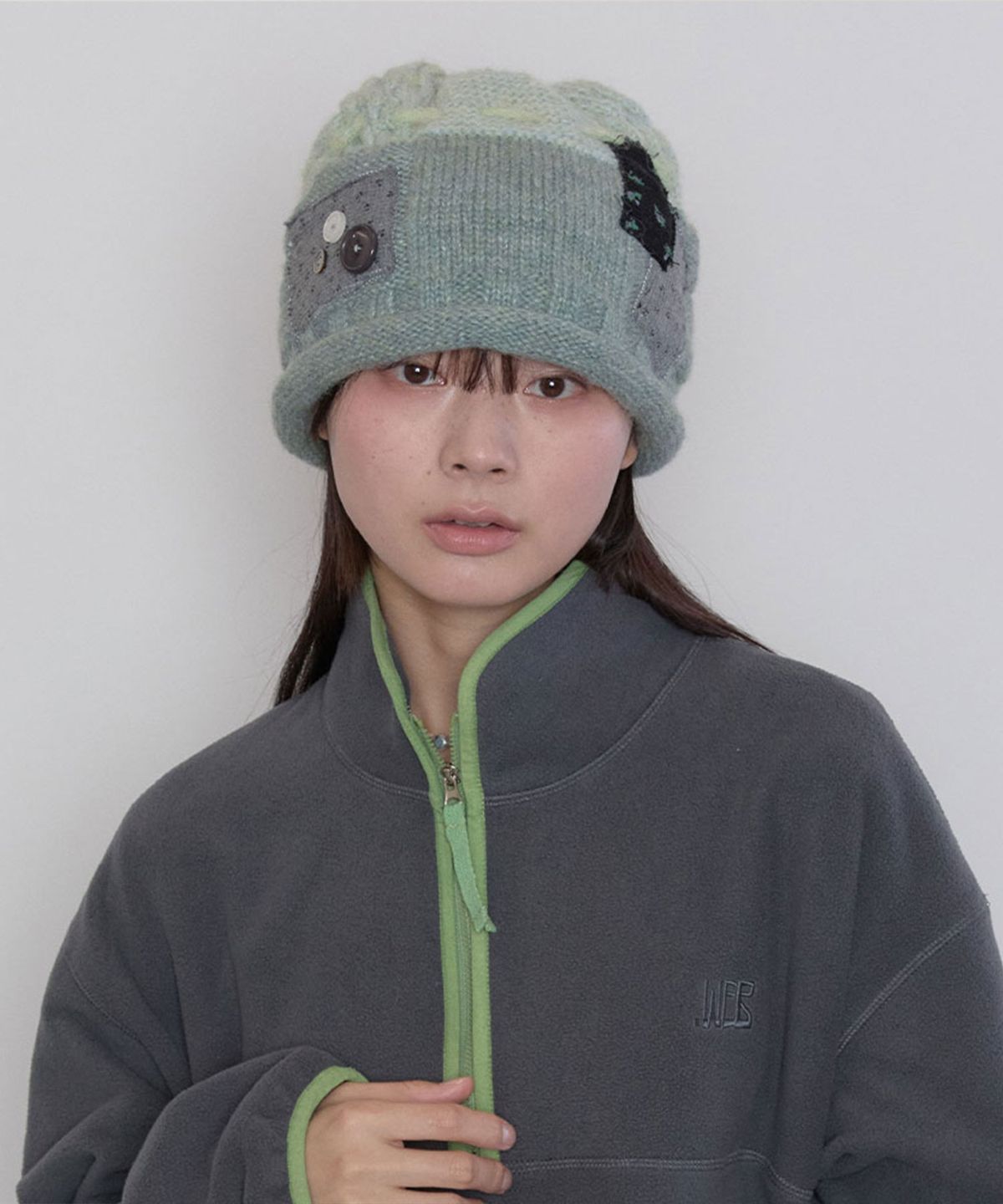 타입서비스(TYPESERVICE) Patchwork Button Knit Beanie [Mint]