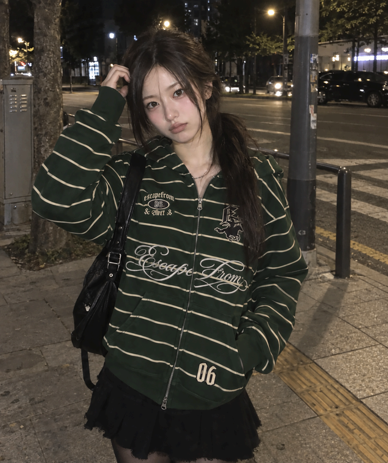 ESCF 레터링 배색 스트라이프 투웨이 후드집업 그린
