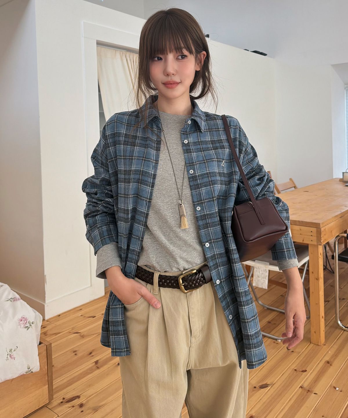 르바(LEVAR) Relaxed Check Over-shirt - Powder Blue