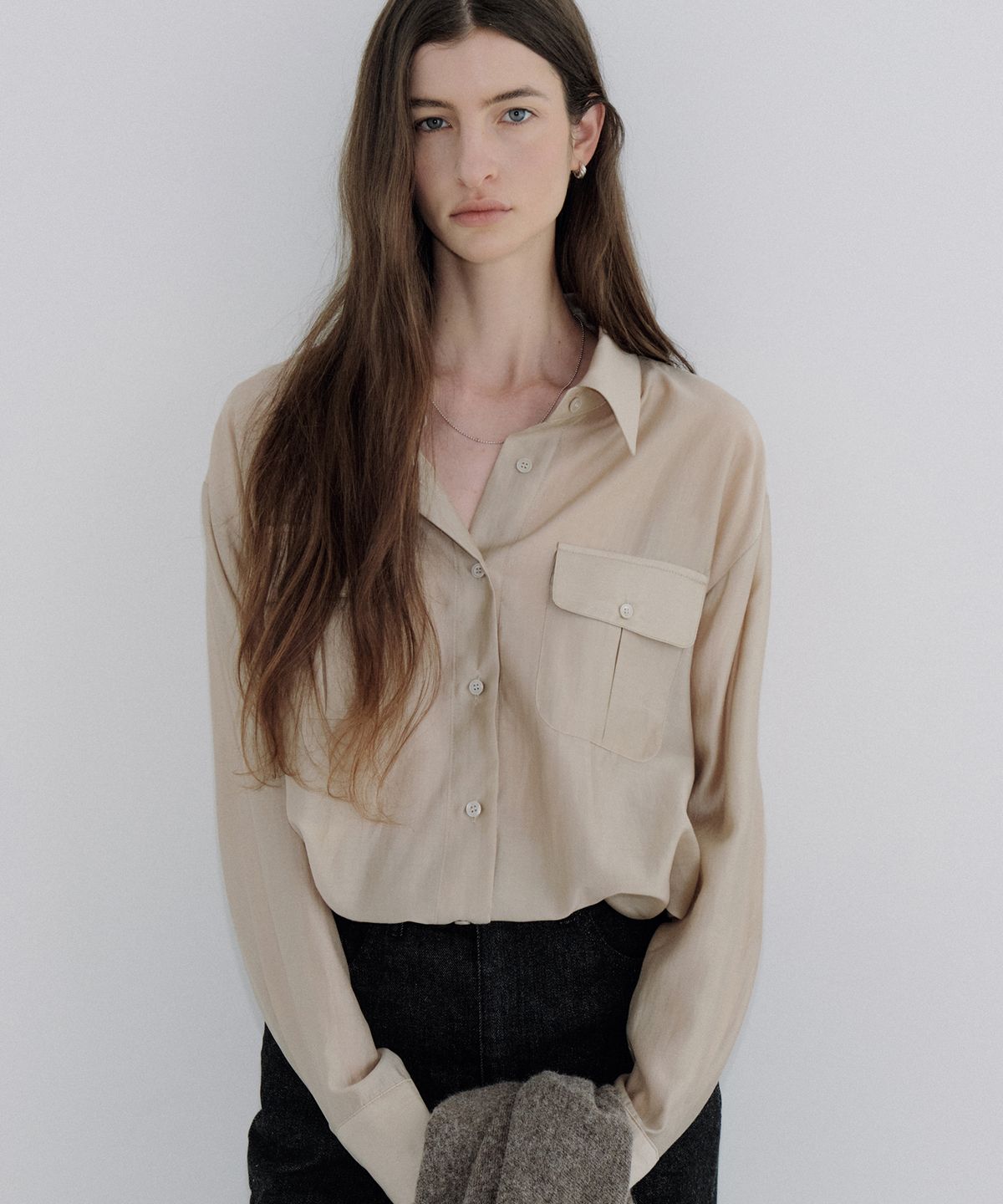 아워코모스(OURCOMOS) sheer two-pocket shirt (beige) orc 6113