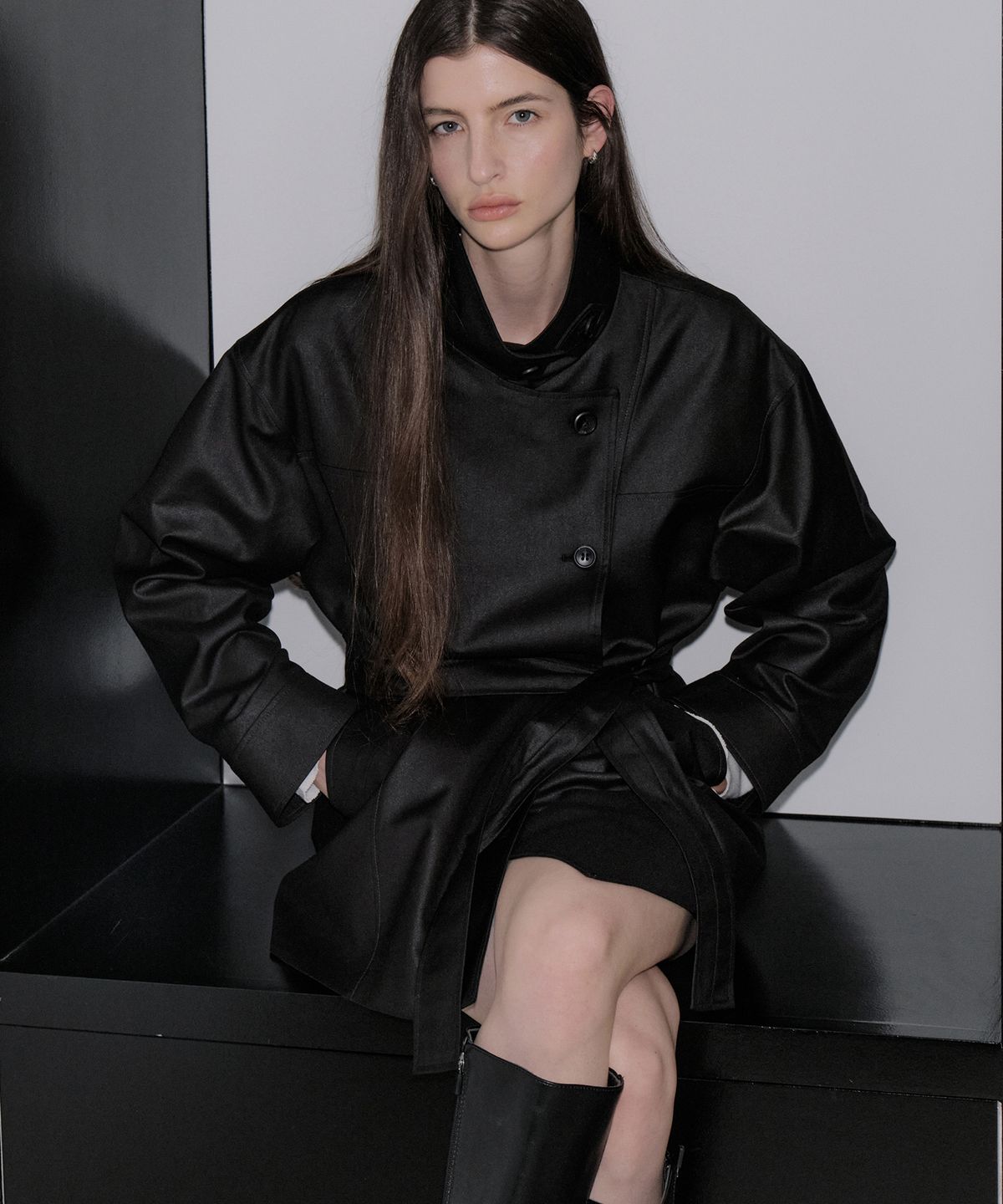 아워코모스(OURCOMOS) leather like high-neck jacket (black) orc 6122