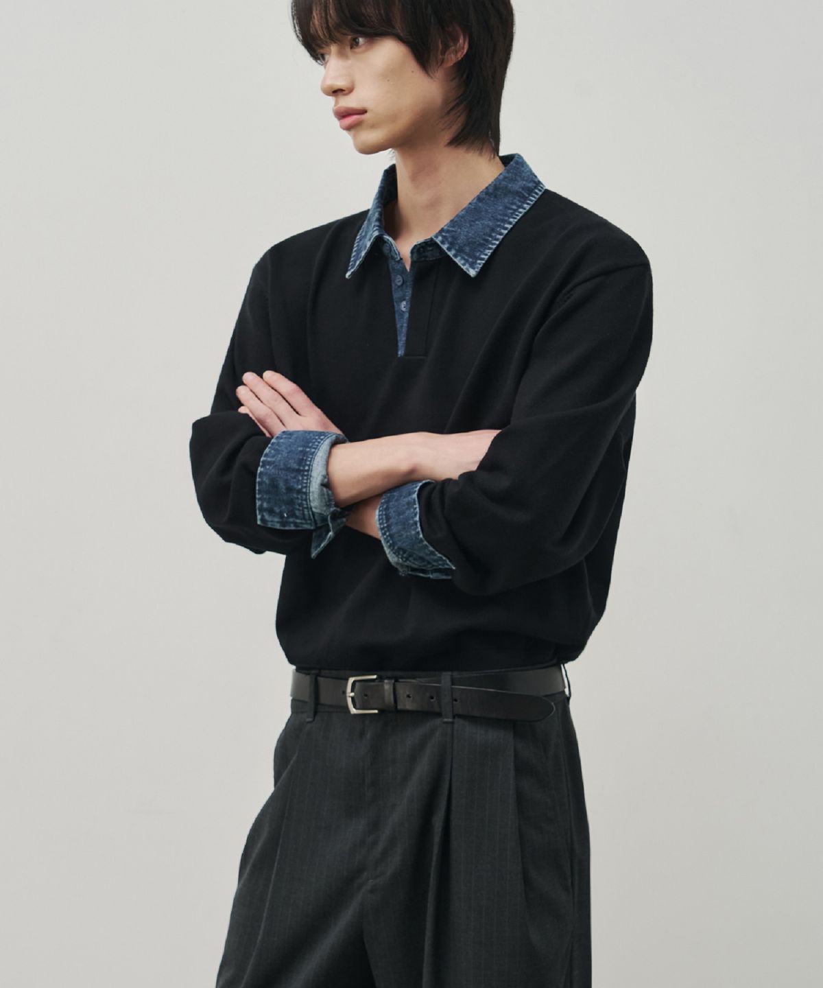 알리스(ALYSS) 데님 레이어드 크롭 니트 풀오버 [미드블루]