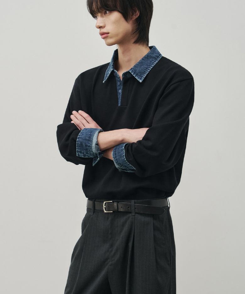 데님 레이어드 크롭 니트 풀오버 [미드블루]