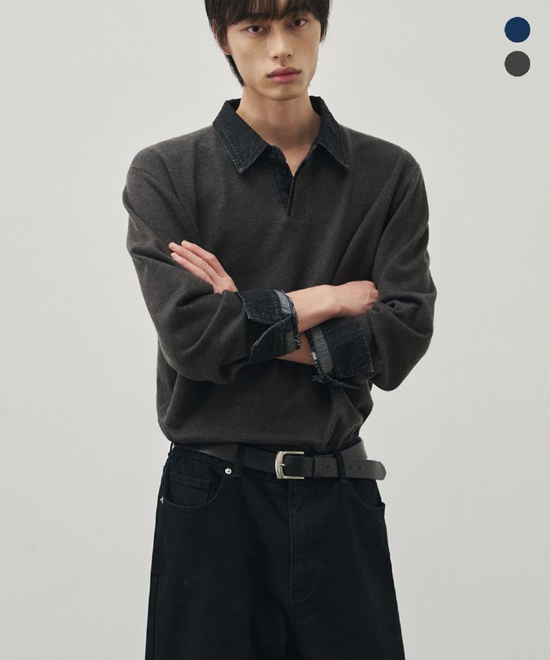 데님 레이어드 크롭 니트 풀오버 [차콜]