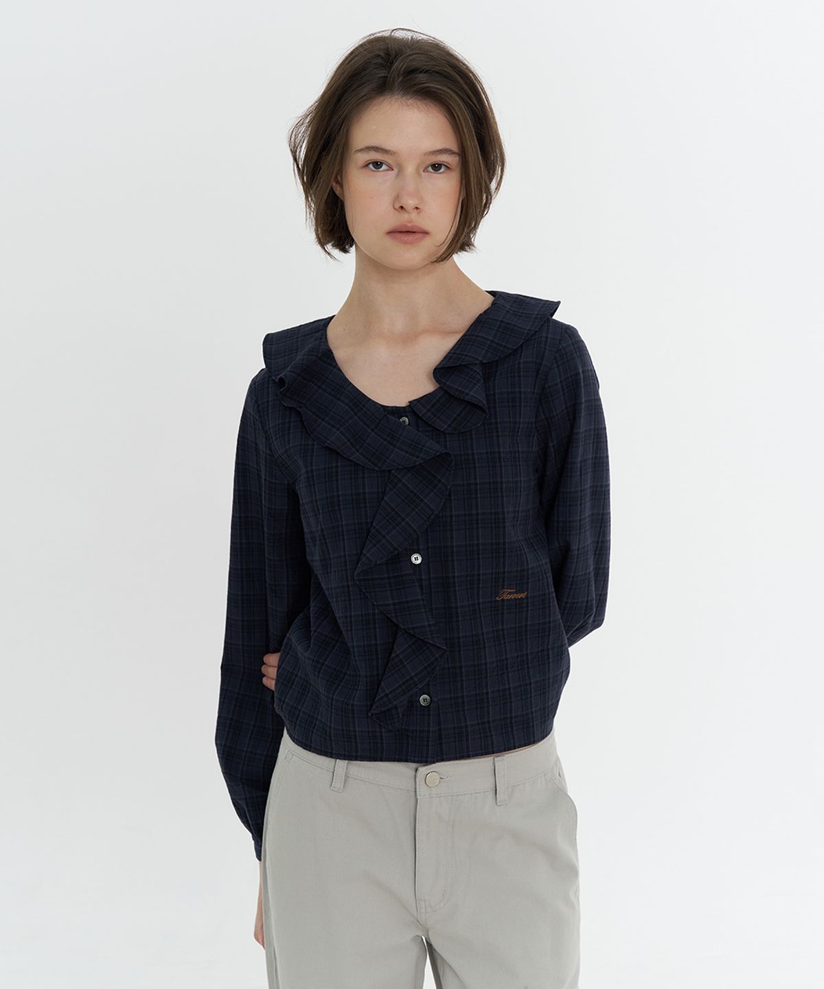 타버트(TARVERT) Terrace Check Ruffle Blouse - Navy