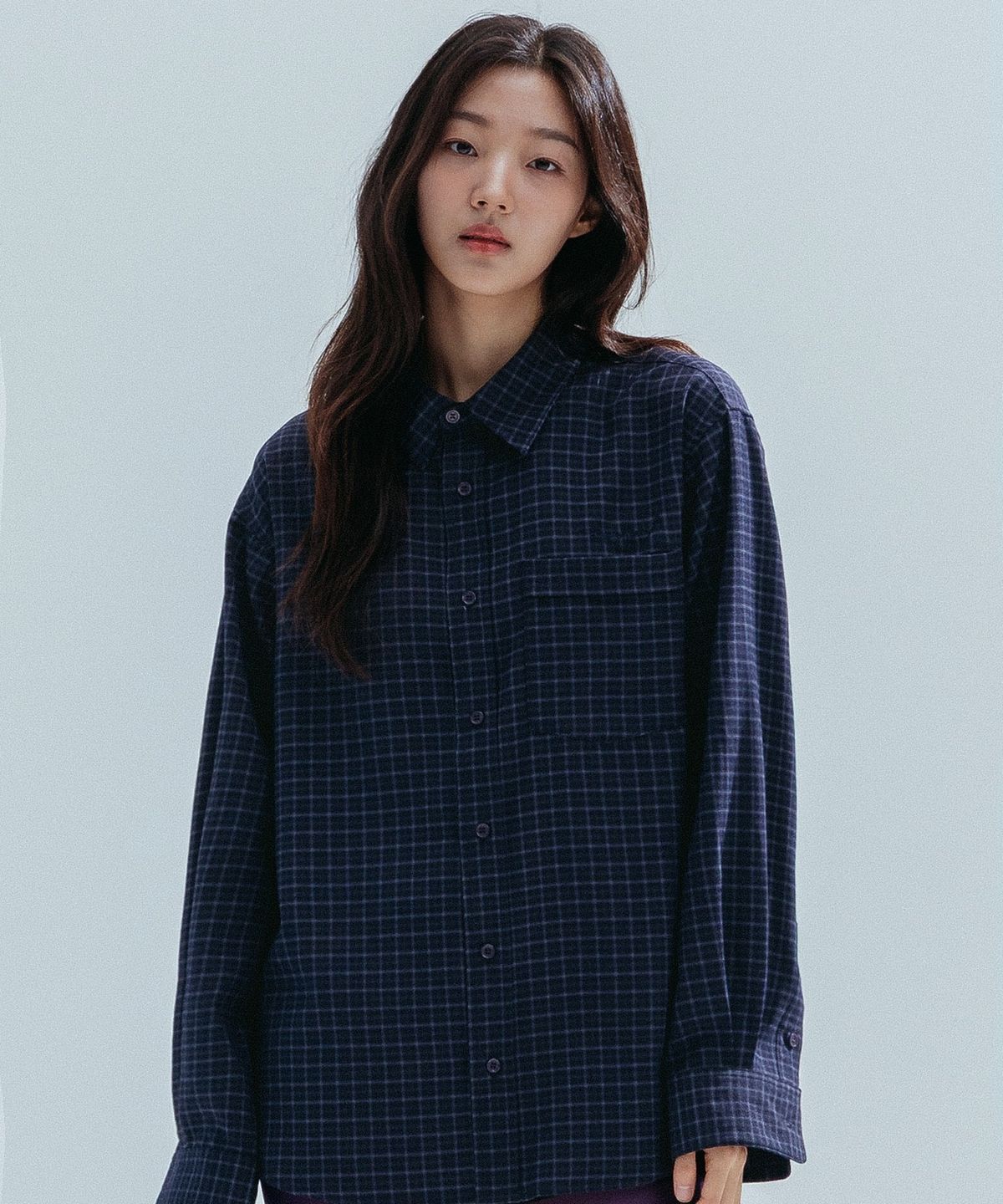 앤하츠(ANNEHEARTS) Drape Square Check Shirt_NAVYBLACK