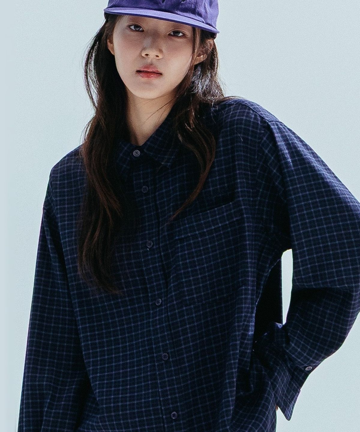앤하츠(ANNEHEARTS) Drape Square Check Shirt_NAVYBLACK