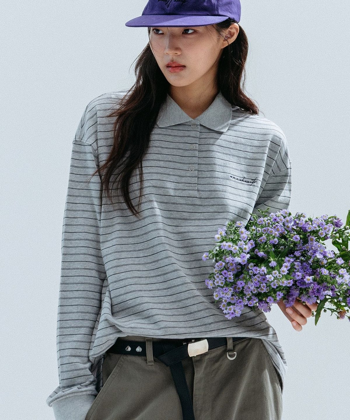 앤하츠(ANNEHEARTS) Pin Stripe Collar Polo Tee_GRAY