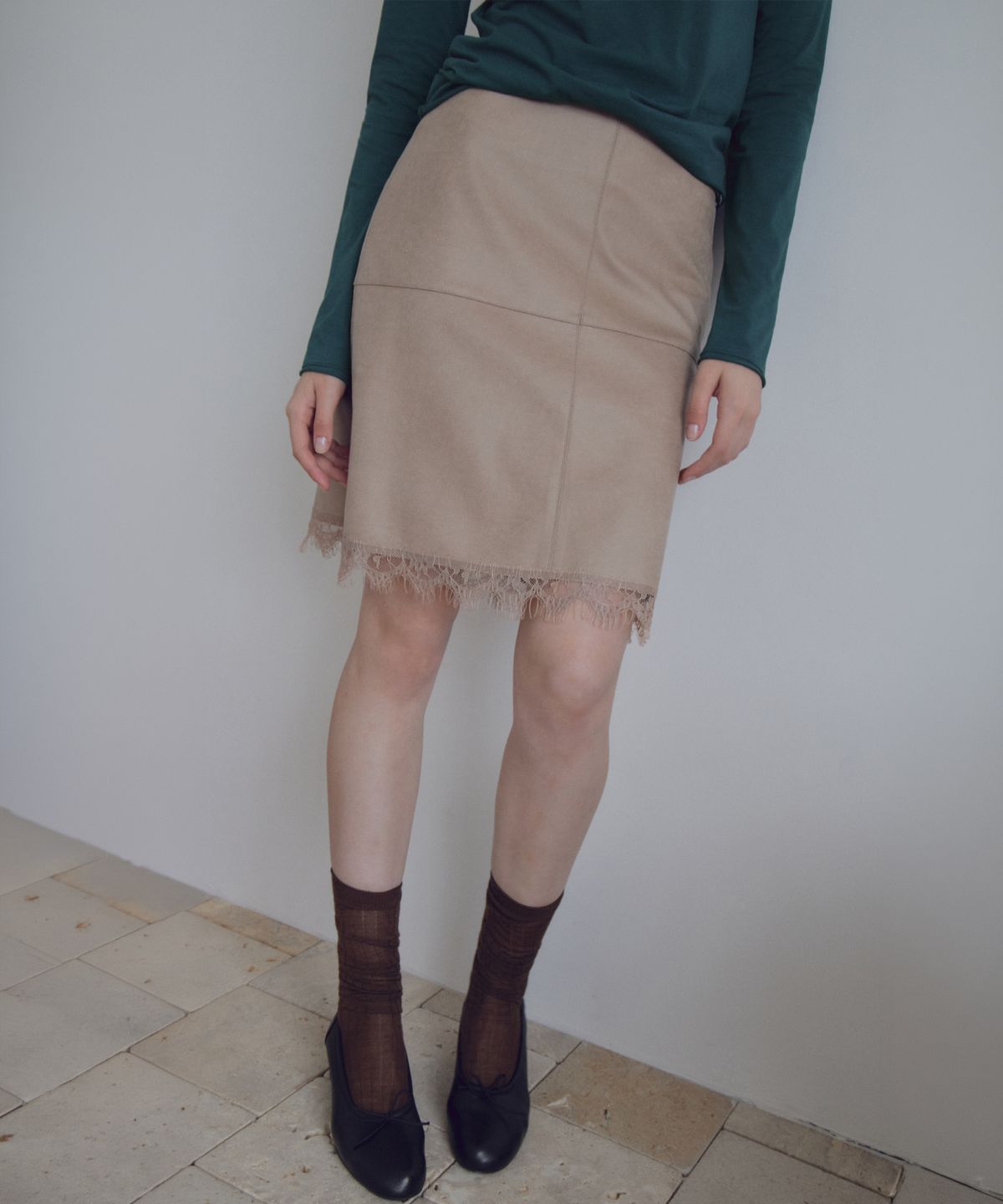 씨타(CITTA) Lace Trim Leather Skirt_CTS640(Beige)