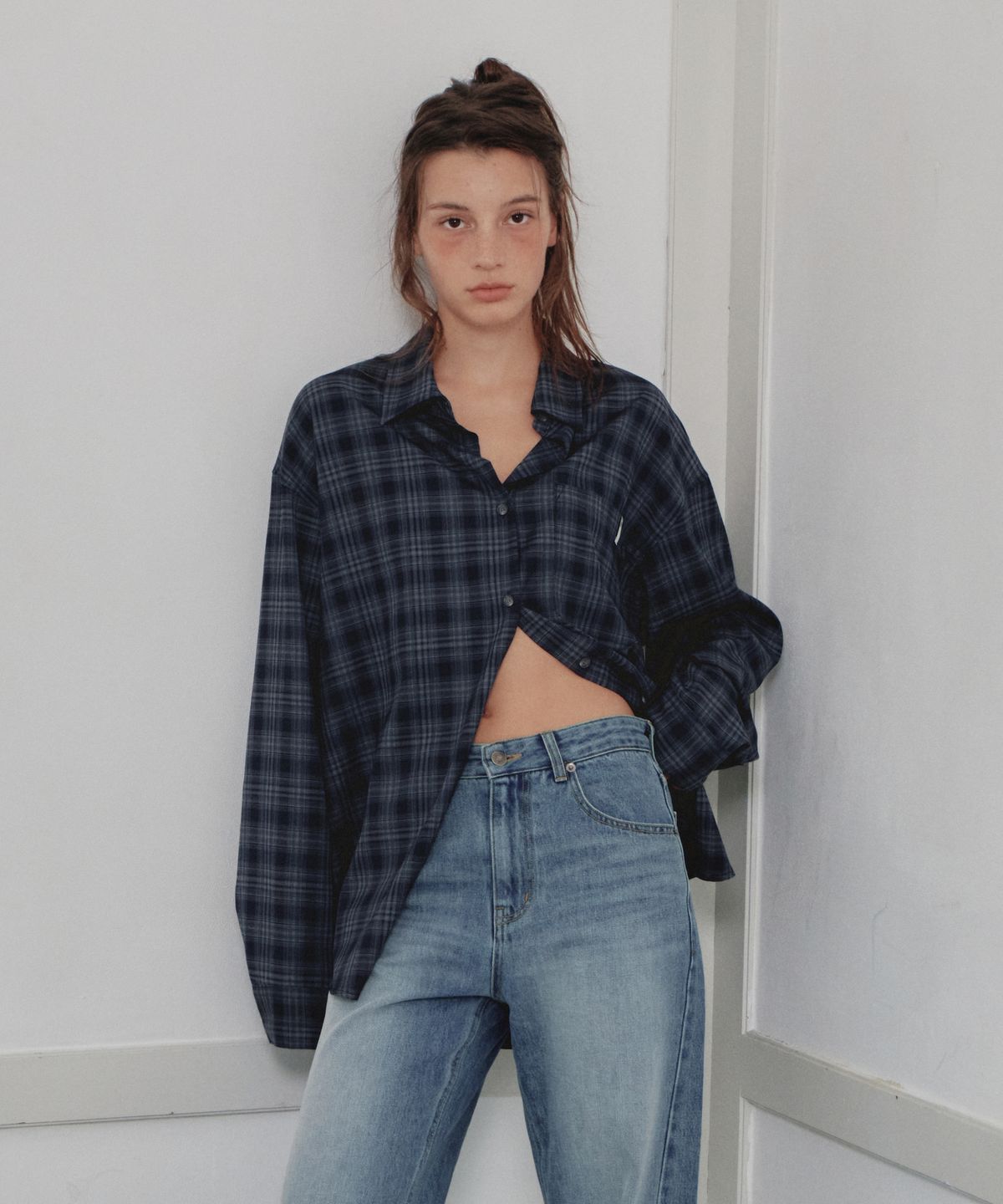씨타(CITTA) Slot Pocket Oversized Check Shirt_CTT3050(Navy)