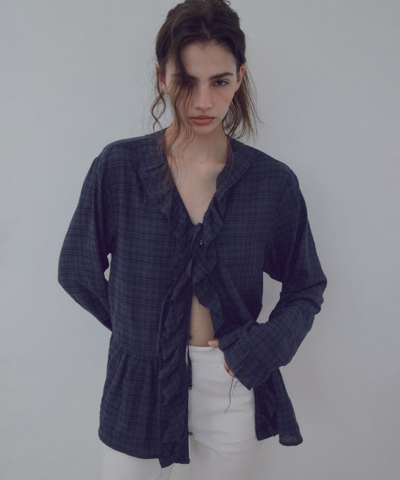 Ruffle Check Shirring Blouse_CTT3045(Navy)