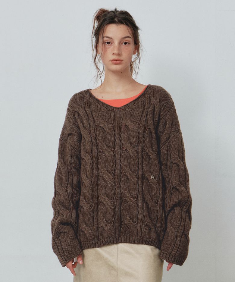 Wool Blend Cable V-Neck Knit_CTK281(Brown)