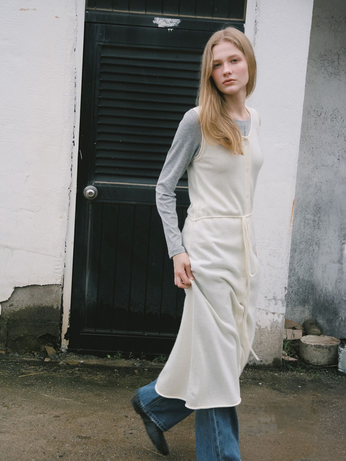 엘씨브이(LCVE) WOOL KNIT BUTTON LONG DRESS_IVORY