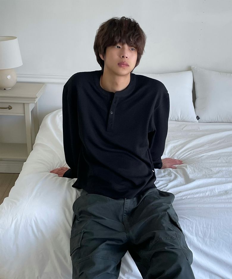 Heavy Waffle Henley Loose L/S Tee_BLK