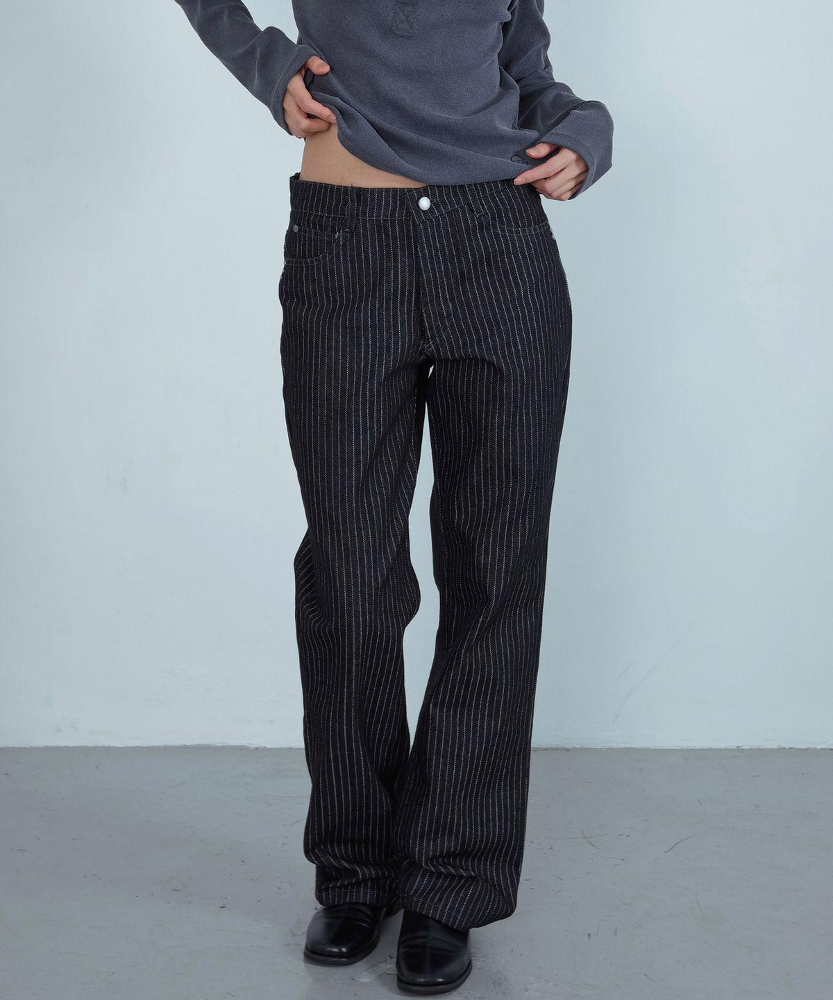 키지코(KIJIKO) ke620. Slim Semi-Low Adjust Denim Pinstripe