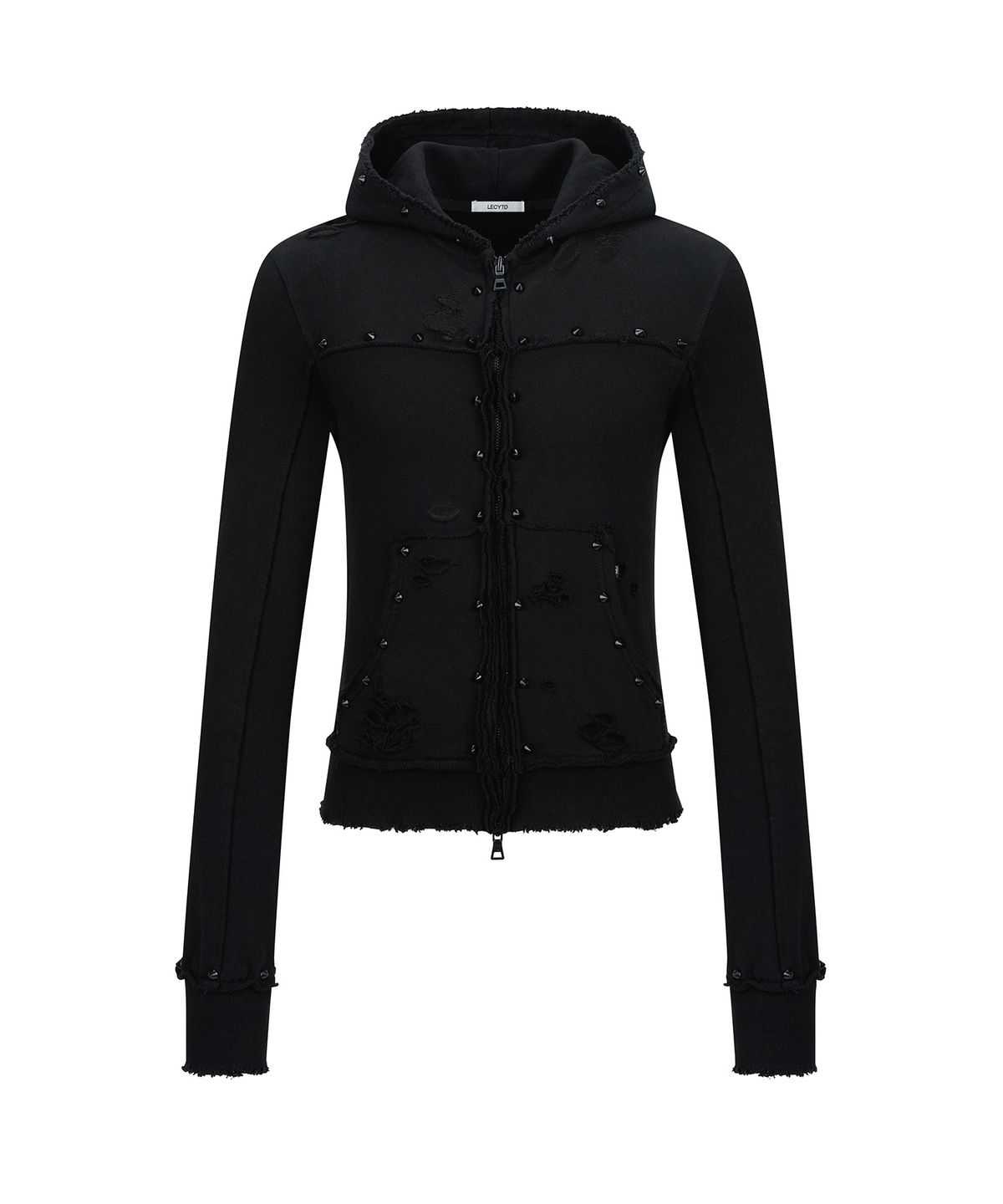 레씨토(LECYTO) Destroyed Spike Zip-Up Hoodie_[Black]