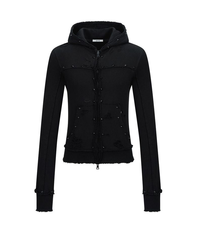Destroyed Spike Zip-Up Hoodie_[Black]