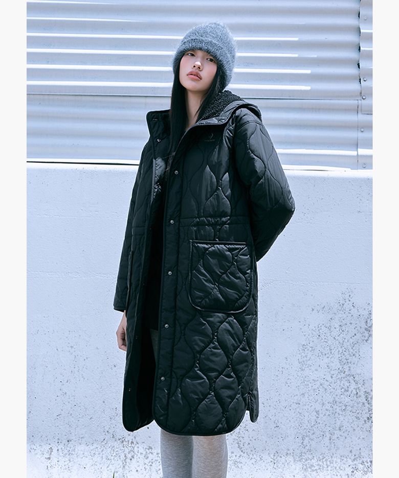 여성 루즈핏 후드 퀼팅 롱 패딩 - 블랙 QR422JPDO1