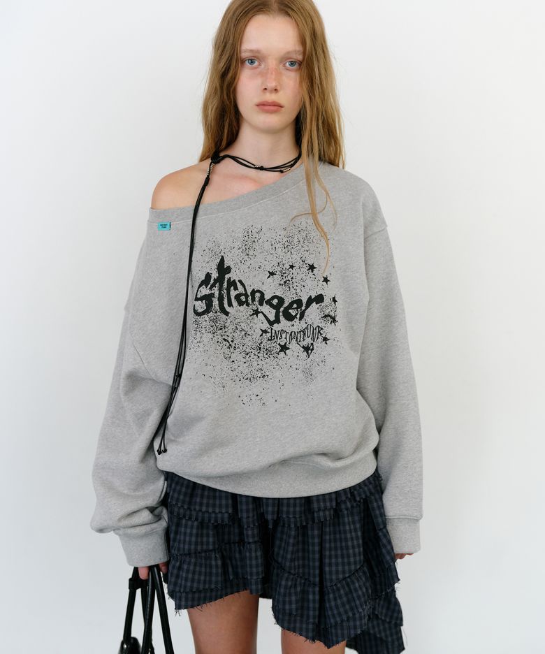GRAPHIC SCOOP NECK OFF SHOULDER SWEATSHIRTS - MELANGE GREY