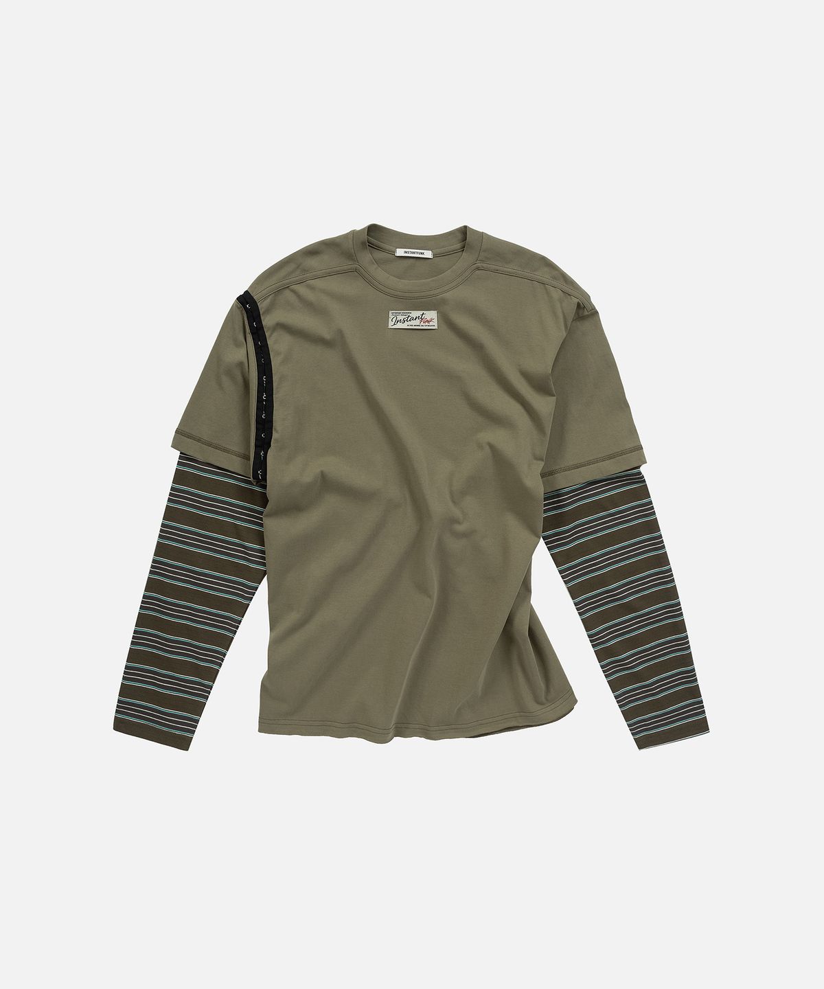 인스턴트펑크(INSTANTFUNK) LAYERED SLEEVE STRIPE T SHIRT - KHAKI