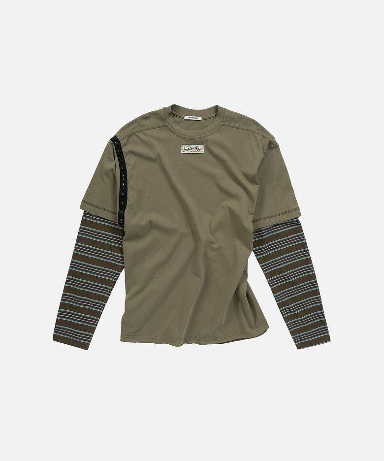 LAYERED SLEEVE STRIPE T SHIRT - KHAKI