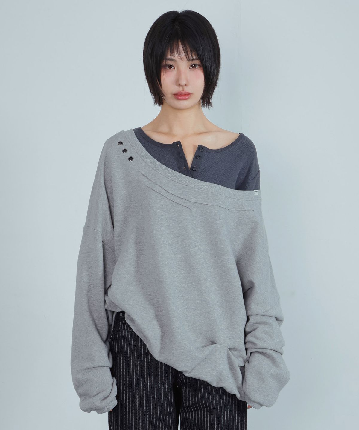 키지코(KIJIKO) ke312. Eyelet Pinch Sweatshirt Melange Gray