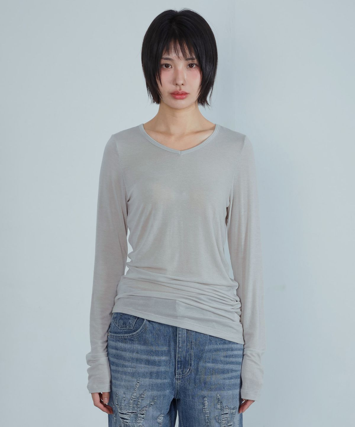 키지코(KIJIKO) ke311. Curved Sheer Tee Gray