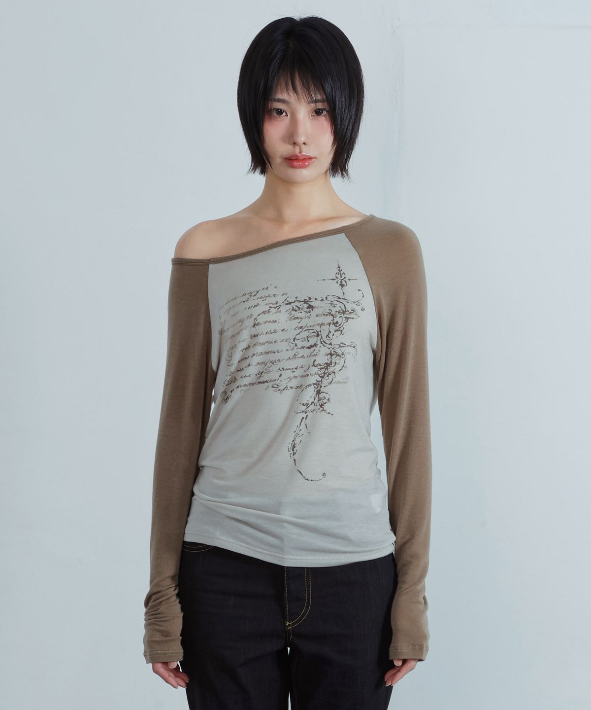 키지코(KIJIKO) ke310. Feather Soft Raglan Tee Khaki Brown