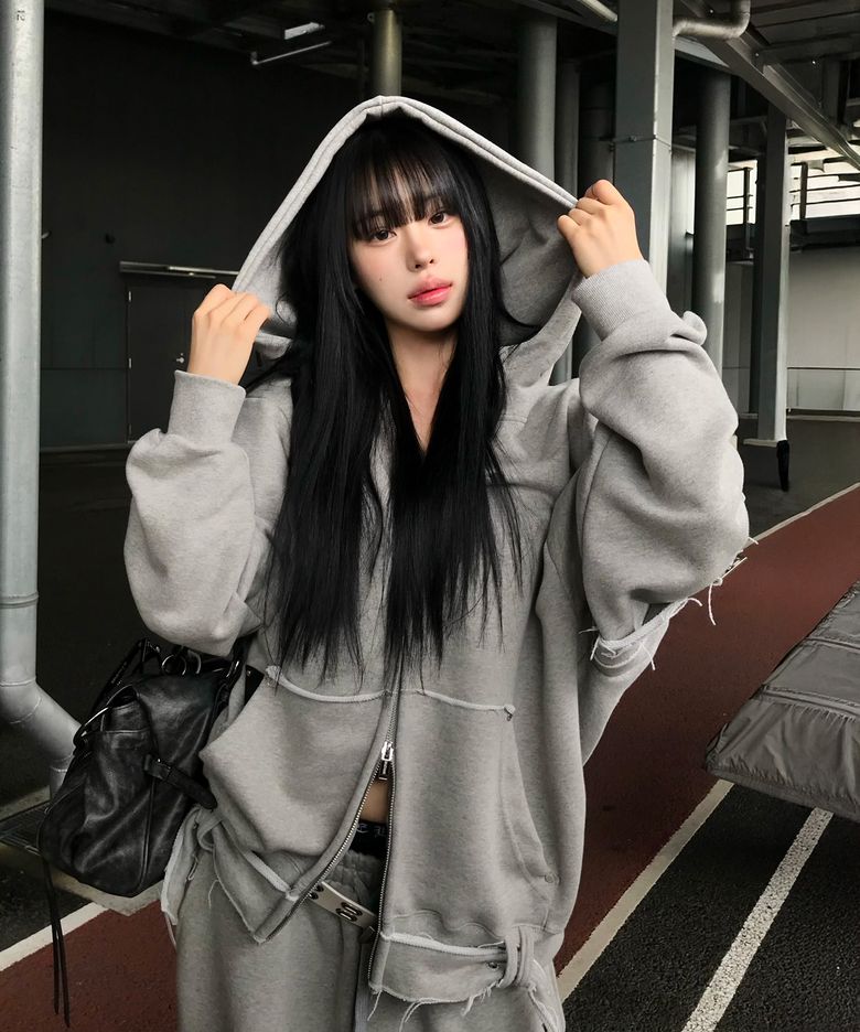 Belted Raw Edge Hood Zip-Up (Melange Gray)