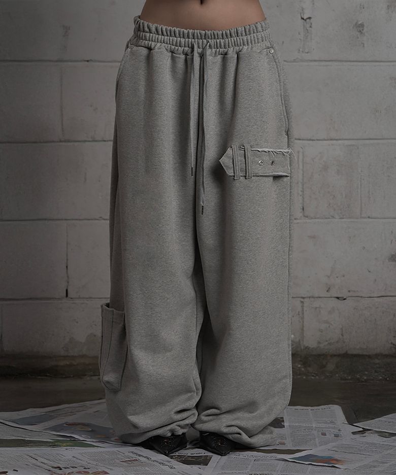 Belted Raw Edge Wide Pants (Melange Gray)