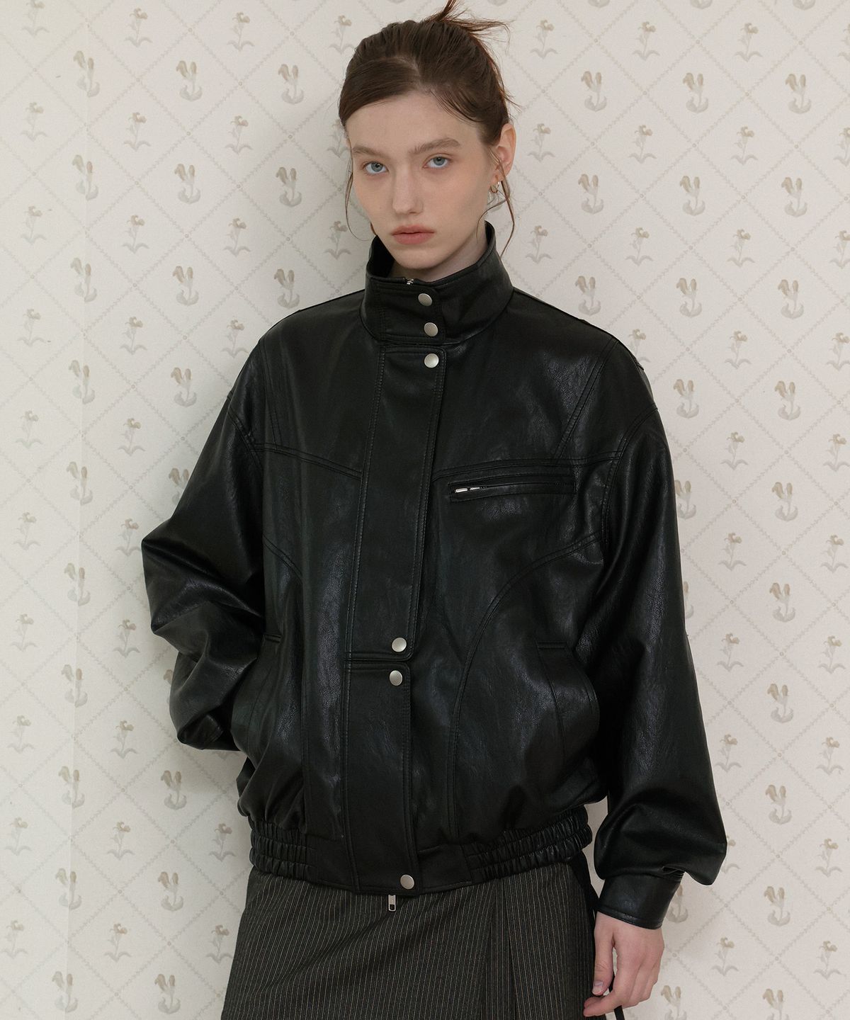 도프셉(DOFFSEPT) Leather High Neck Oversized Bomber Jacket (Black)