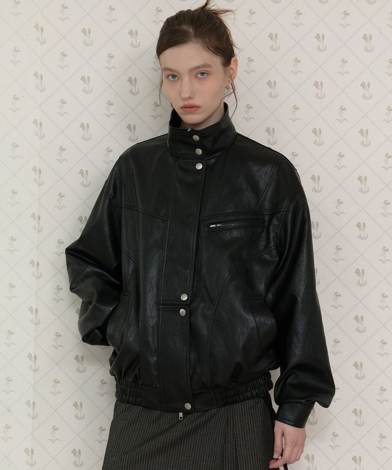Leather High Neck Oversized Bomber Jacket (Black)