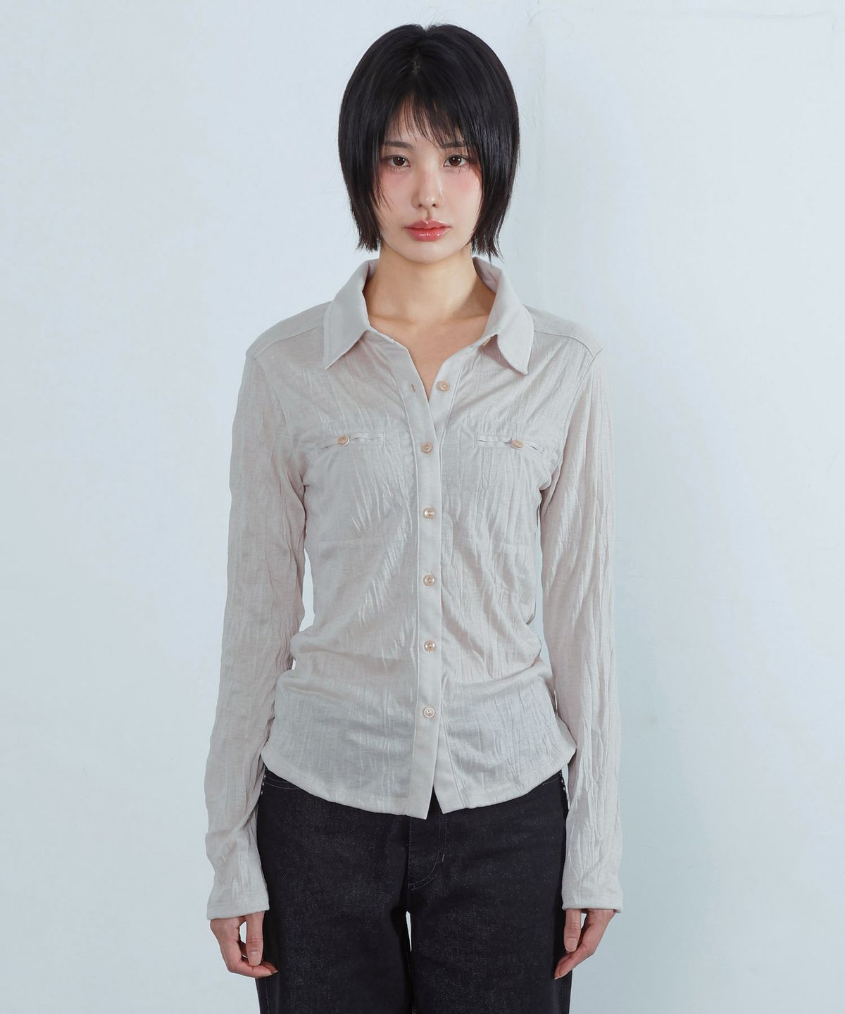 키지코(KIJIKO) ke210. Linkle Soft Slim Shirt Beige