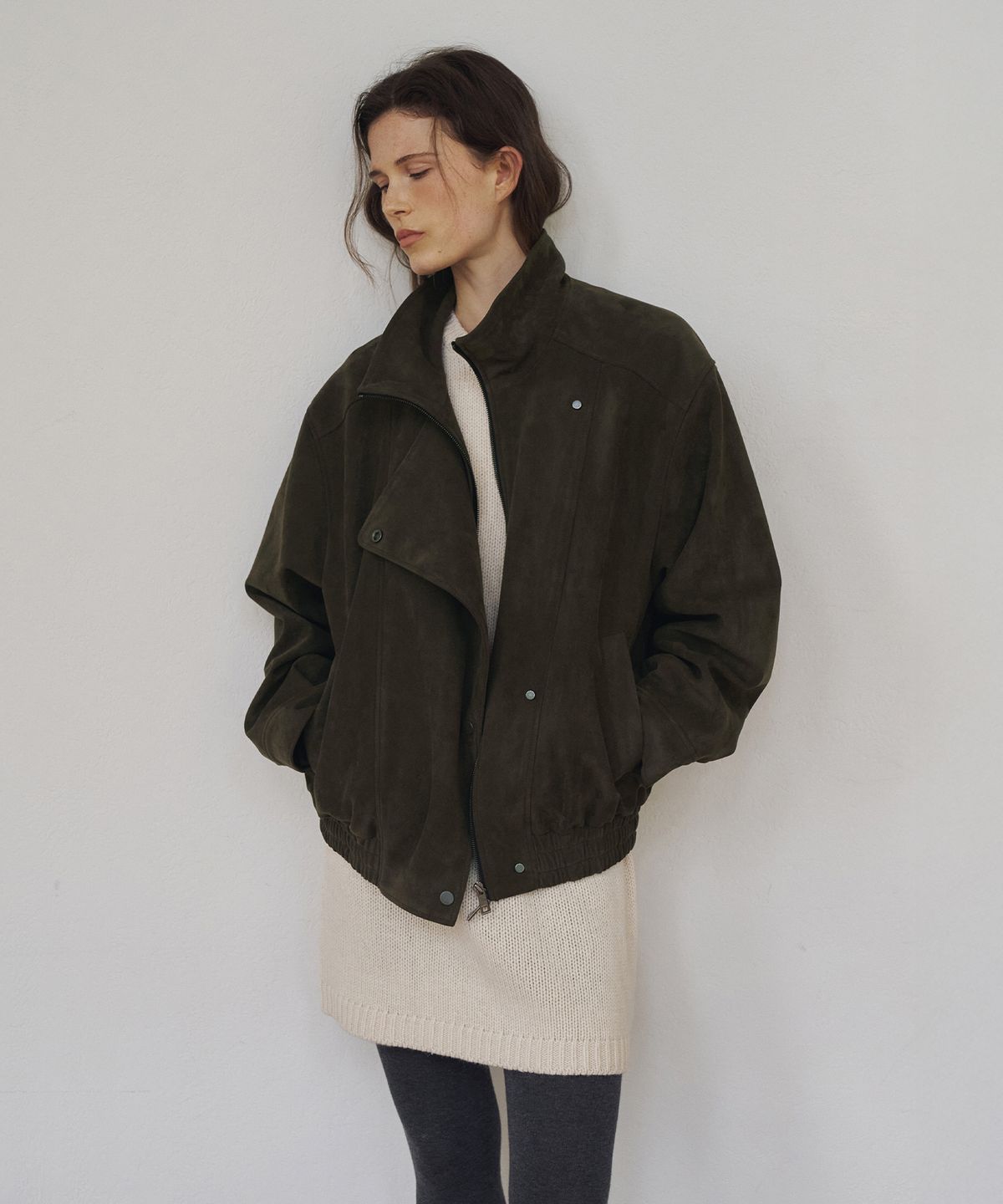 라메레이(LAMEREI) Nonfade Funnel Neck Suede Jacket[LMBFAUJK114]-Moss Brown