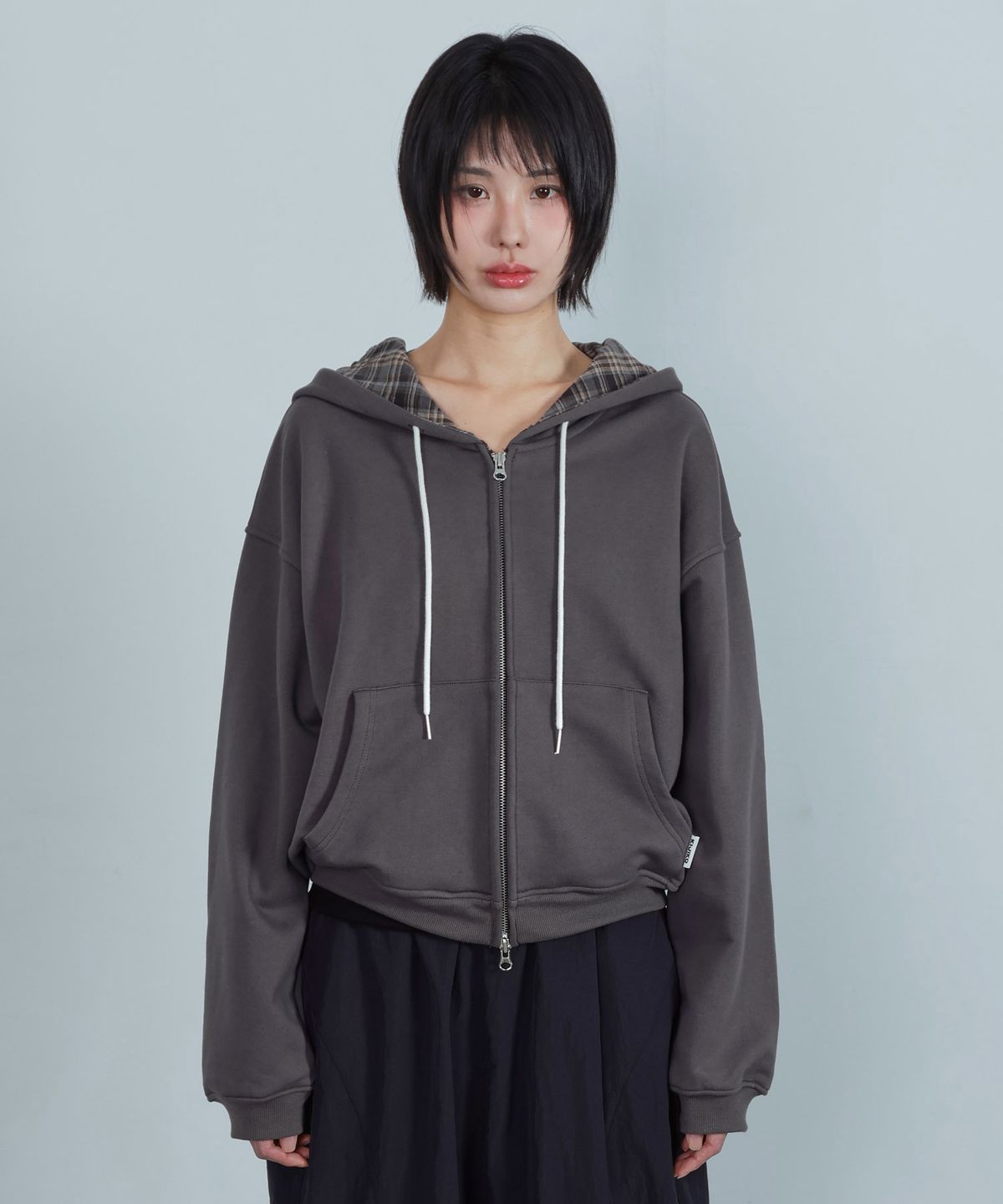 키지코(KIJIKO) ke110. Check Hoodie Zip-up Charcoal