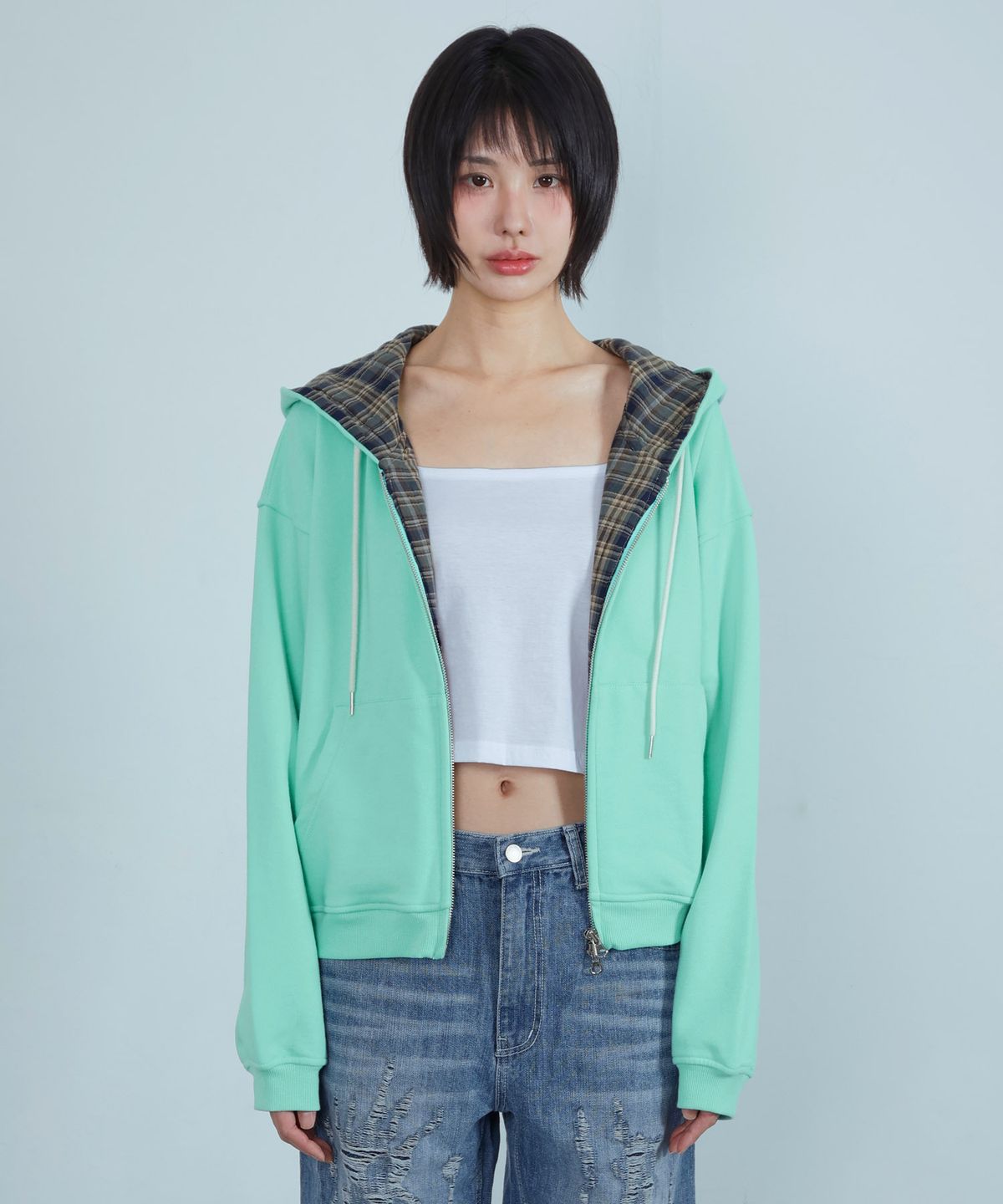 키지코(KIJIKO) ke110. Check Hoodie Zip-up Mint