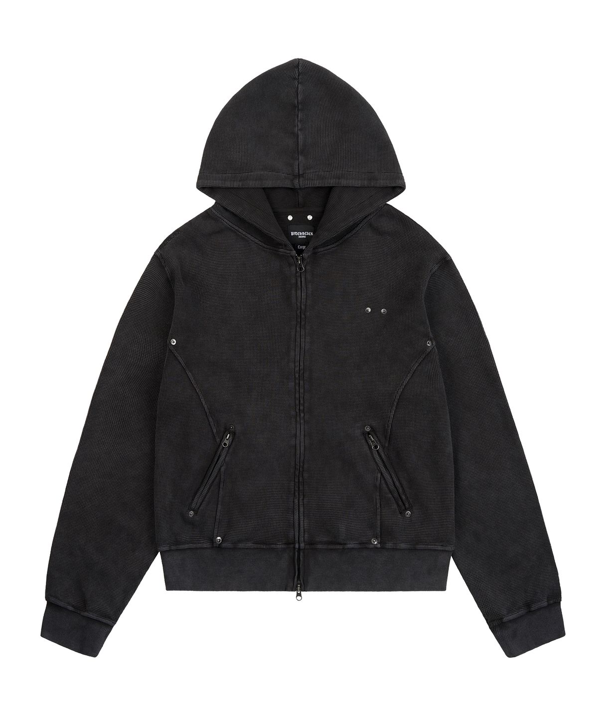 피치블랙(PITCHBLACK) WASHED WAFFLE RIVET DETAIL HOOD ZIP-UP (WASHED BLACK)
